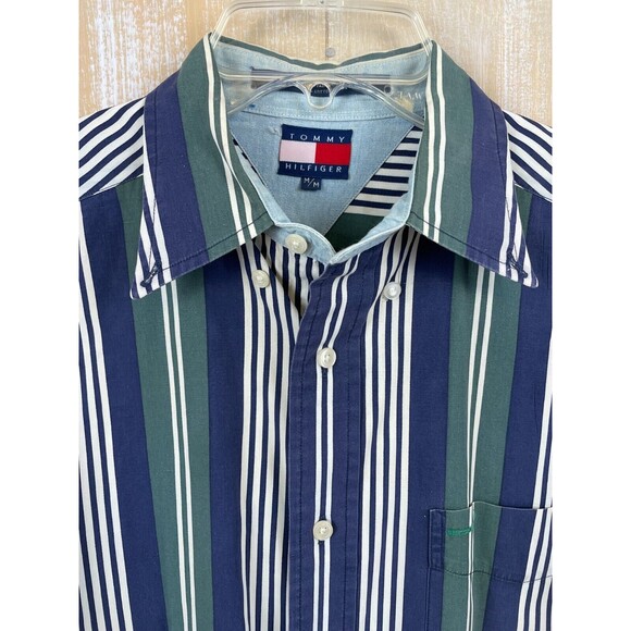 Vintage 90s Tommy Hilfiger Blue & Green Striped Mens Medium Shirt Button - Picture 2 of 9